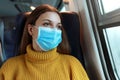 Close up of female commuter with surgical face mask looking through train window. Train passenger with protective mask travels