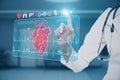 Close up of female doctor hand pointing at abstract glowing medical cardiology interface on blurry hospital backdrop. Hi-tech Royalty Free Stock Photo