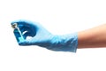 Close up of female doctor's hand in blue sterilized surgical glove holding transparent white glass ampoule with blue drug