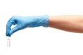 Close up of female doctor's hand in blue sterilized surgical glove holding transparent white glass ampoule with a drug Royalty Free Stock Photo