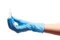 Close up of female doctor's hand in blue sterilized surgical glove holding transparent white glass ampoule with a drug