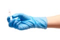 Close up of female doctor's hand in blue sterilized surgical glove holding transparent white glass ampoule with a drug Royalty Free Stock Photo
