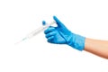 Close up of female doctor's hand in blue sterilized surgical glove with plastic medical syringe against white