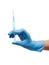 Close up of female doctor's hand in blue sterilized surgical glove with plastic medical syringe filled with blue drug Royalty Free Stock Photo