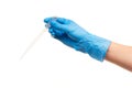 Close up of female doctor's hand in blue sterilized surgical glove with white plastic medical dropper