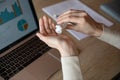 Close up of female employee clean hands with sanitizer Royalty Free Stock Photo