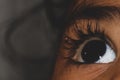 Close up of a female eye with tear drops on lashes