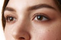 Close up of female eyes. Cropped photo of preorbital zone with well-kept skin of young woman. Organic cosmetic.