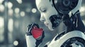 Close-up of a female featured robot tenderly holding a red heart
