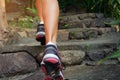 Close-up of female feet in sneakers walking outdoors