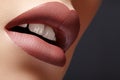 Close-up Female Lips with Fashion Natural coffee Lipstick Makeup. Macro Sexy Lip Stick Make-up. Mat Fashionable Style Royalty Free Stock Photo