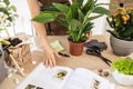 Female gardener studying gardening book at workshop transplantation houseplants