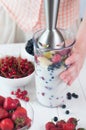 Close up of a female hand blending fruits and berries Royalty Free Stock Photo