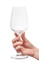 Close up of female hand holding empty clean transparent wine glass