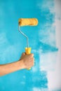 Close up of female hand holding paint yellow roller over blue background-repair, construction and building tools concept. Royalty Free Stock Photo