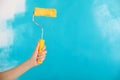 Close up of female hand holding paint yellow roller over blue background-repair, construction and building tools concept. Royalty Free Stock Photo