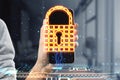 Close up of female hand holding smartphone with glowing padlock hologram on blurry office interior background. Secury web and