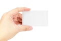 Close up Female hand holding white blank business card isolated Royalty Free Stock Photo