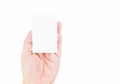 Close up Female hand holding white blank business card isolated Royalty Free Stock Photo