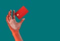 Close up female hand holds levitating template mockup Bank credit card with online service isolated on green background