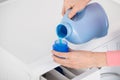 Female Hand Pouring Detergent In The Blue Bottle Cap Royalty Free Stock Photo