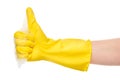 Close up of female hand in yellow protective rubber glove in foam showing thumbs up sign Royalty Free Stock Photo