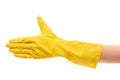 Close up of female hand in yellow protective rubber glove giving for handshake Royalty Free Stock Photo