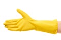 Close up of female hand in yellow protective rubber glove giving for handshake Royalty Free Stock Photo