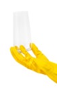 Close up of female hand in yellow protective rubber glove holding clean transparent drinking glass Royalty Free Stock Photo