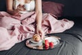 Close-up female hands enjoying weekend having appetizing breakfast in bed Royalty Free Stock Photo