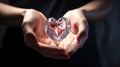 Close-up of female hands holding a diamond in the shape of a heart on a dark background. Generative AI Royalty Free Stock Photo