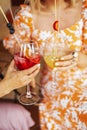 Close up of female hands holding glasses of acohol cocktails with fresh fruts and berries. Making a celebratory toast with mixed Royalty Free Stock Photo