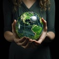 Close-up of female hands holding a model of the planet Earth. Saving our planet. Earth Day.