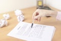 Close up female hands holding smart phone while connecting to wireless, businessman using technology sitting at wooden desk, Royalty Free Stock Photo