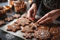 Close up of female hands making gingerbread cookies with icing