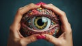 Close up of female hands with painted eye. Conceptual abstract picture of human eye. Eyes art