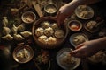 Close-up female hands preparing manti. Asian national dish. Generative AI