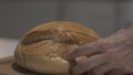 Close up of female hands slicing white bread in slow motion on a wooden board. Action. Cutting freshly baked round Royalty Free Stock Photo