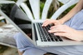 Close up female hands using laptop, typing message on keyboard. Royalty Free Stock Photo