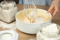 Close-up of Female Hands Whisking Thick Batter After Adding Flour into a White Bowl. Royalty Free Stock Photo