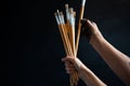 Close-up of female holding a lot of brushes on black background. Royalty Free Stock Photo