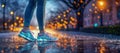 A close-up of female feet in running shoes against a winter city park backdrop, embodying the spirit of fitness, health