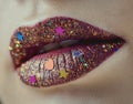 Close-up female lips makeup sparkles glamor, fashion, lipstick. Macro shot of lips, flicker. Stars and month