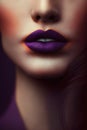 Close up of female lips with satin purple lipstick, created using generative ai technology