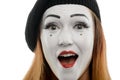 Close up on female mime on white. Special pantomime make-up