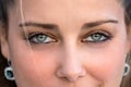 Close up female portrait on intense piercing blue eyes, confident, flirtatious, seductive, sensual stare