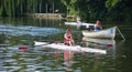 Close up of Female Sculler, Newark Club on the River Ouse at St Neots. Royalty Free Stock Photo