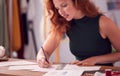 Close Up Of Female Student Or Business Owner Working In Fashion Sketching Designs In Studio