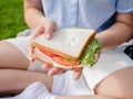 Close-up of a girl& x27;s hand holding a sandwich while sitting on the lawn and going to eat. Portrait of a hungry Royalty Free Stock Photo