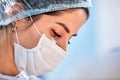 Close-up of a female surgeon in an operating room, a doctor with a tense expression on his face, in an operating room.